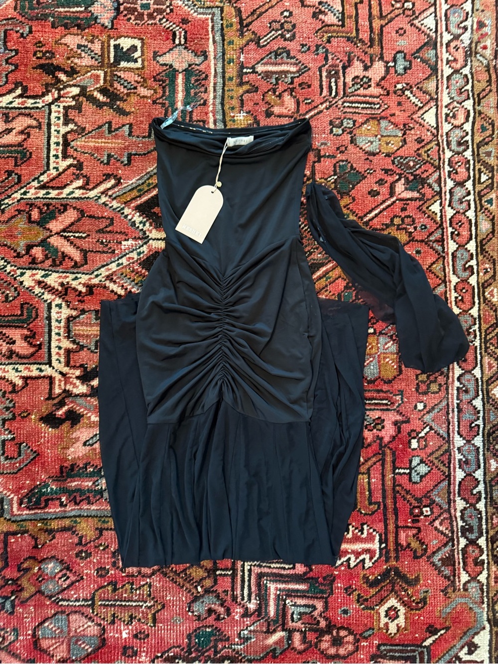 Meshki Black Off-Shoulder Ruched Mesh Maxi Dress - Picture 2 of 2